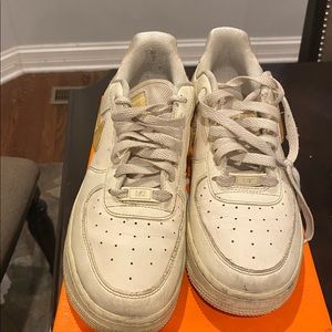 Nike air force ones. Size 8.5 U.S womens, are fairly worn.